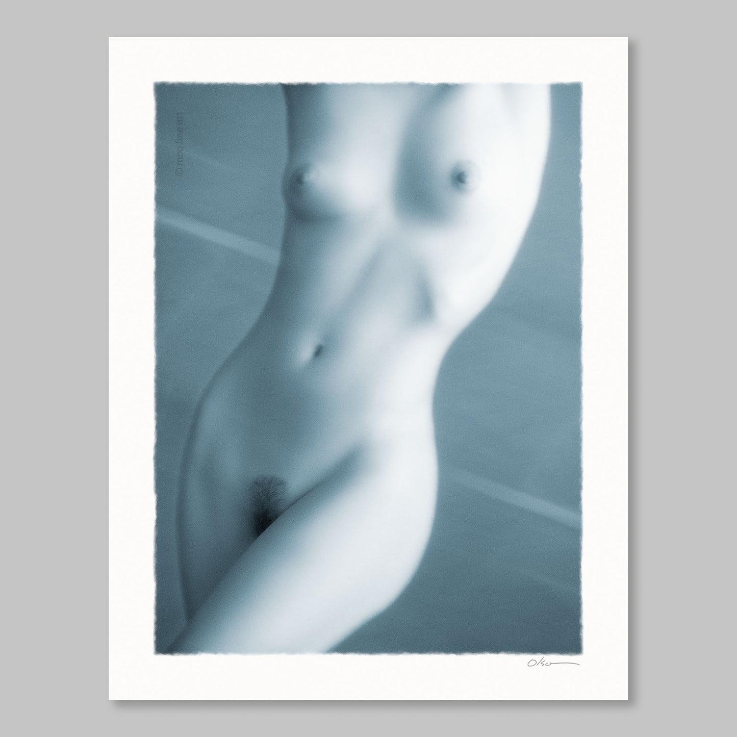 Artistic depiction of a nude figure in soft blue tones on a gray background; has 'mco fine art' copyright watermark