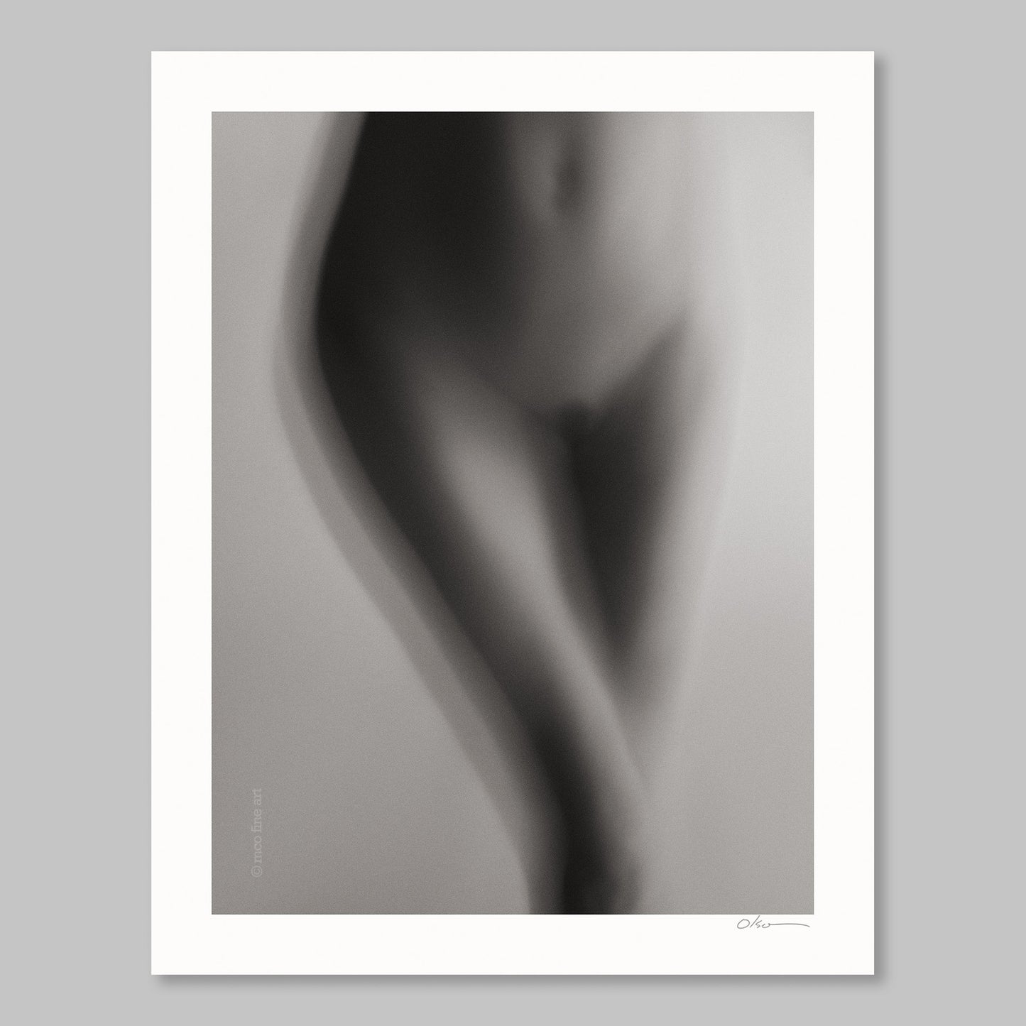Blurred black and white art photograph of woman's hips; has 'mco fine art' copyright watermark