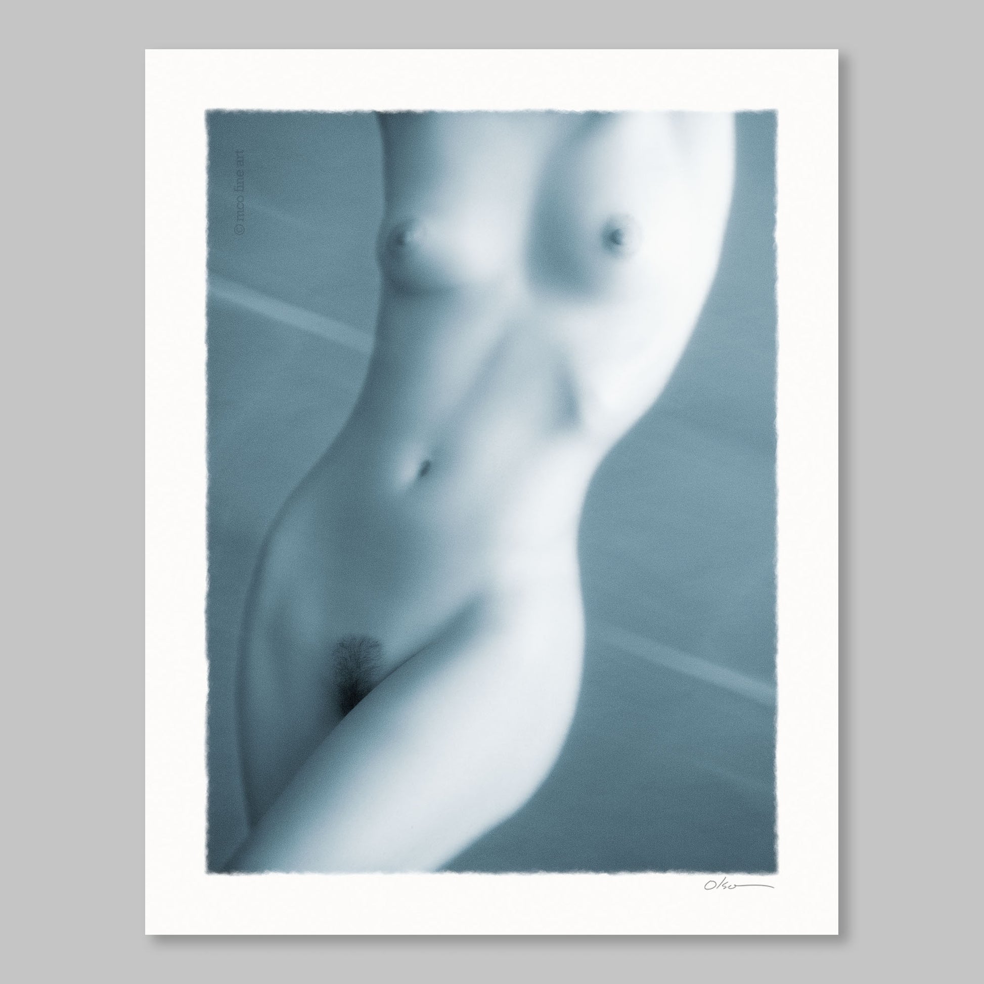 Artistic depiction of a nude figure in soft blue tones on a gray background; has 'mco fine art' copyright watermark