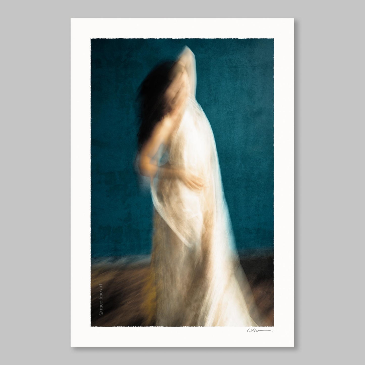 Artistic, blurred depiction of a draped figure against a textured blue background; has 'mco fine art' copyright watermark