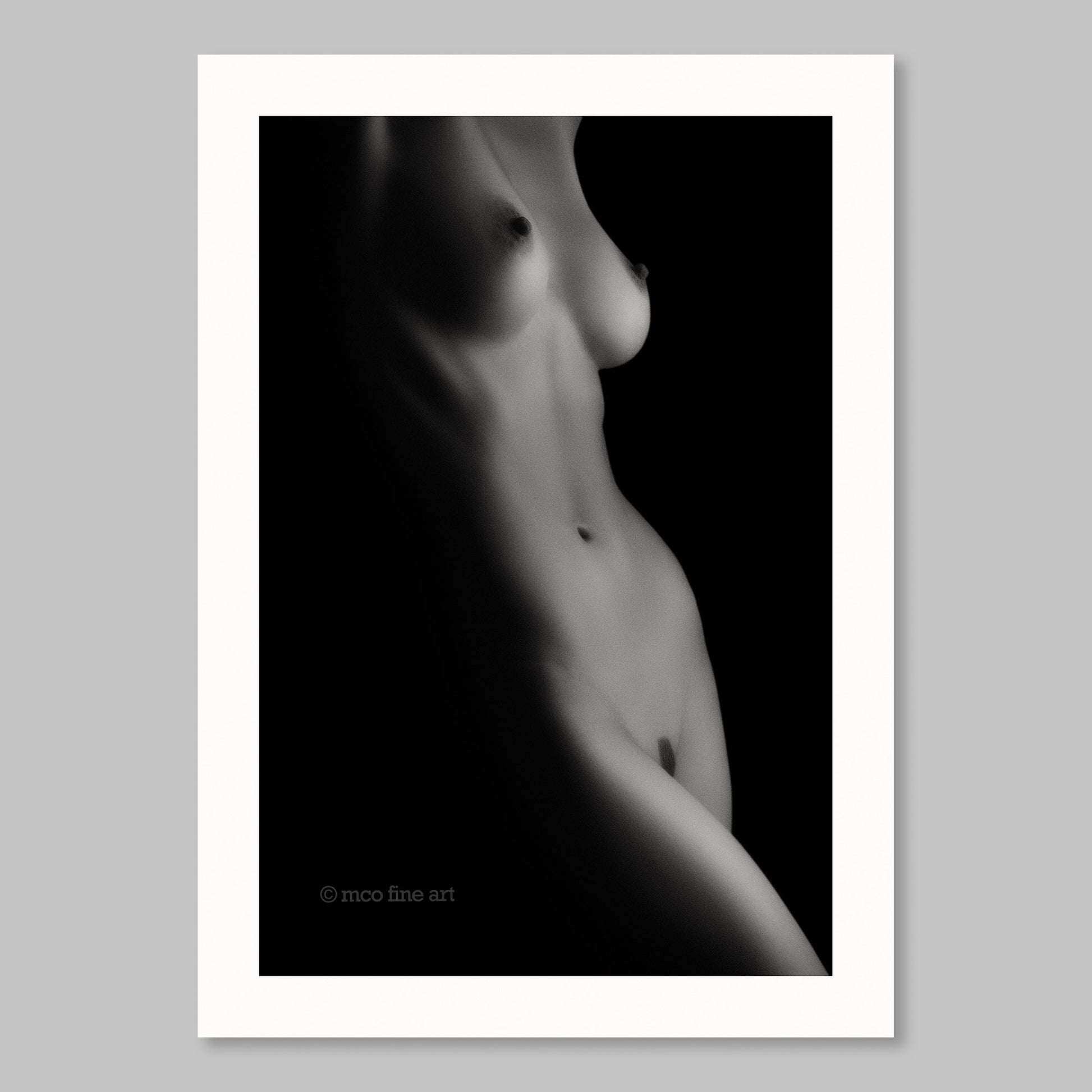 Black and white art print of a nude figure with 'mco fine art' branding on a gray background