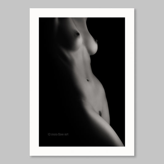 Black and white art print of a nude figure with 'mco fine art' branding on a gray background