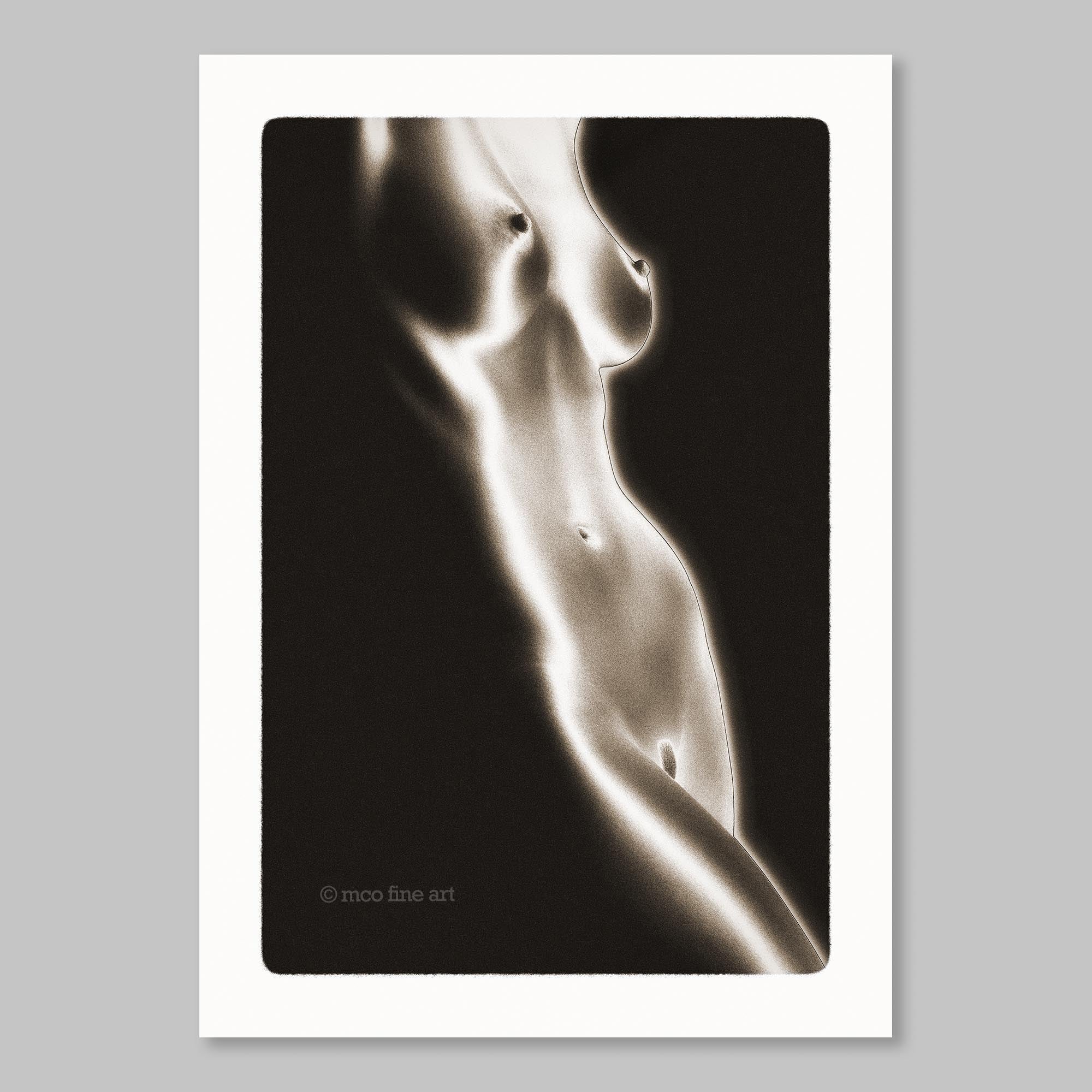 Monochrome art print of a female form emerging from darkness - by MC Olson.