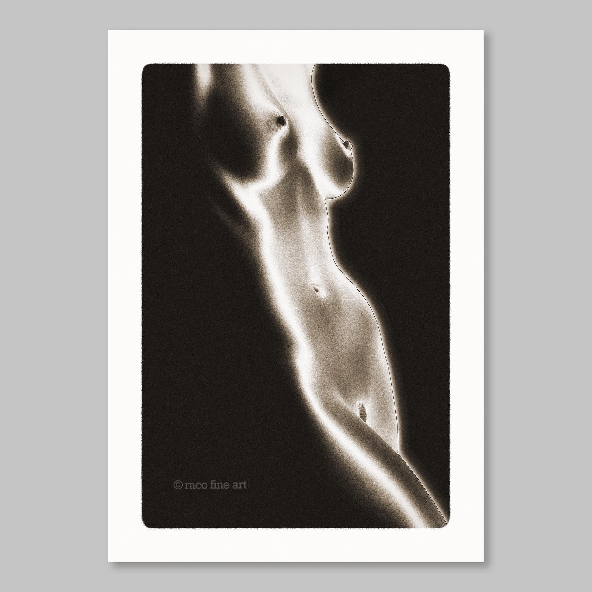 Monochrome art print of a female form emerging from darkness - by MC Olson.
