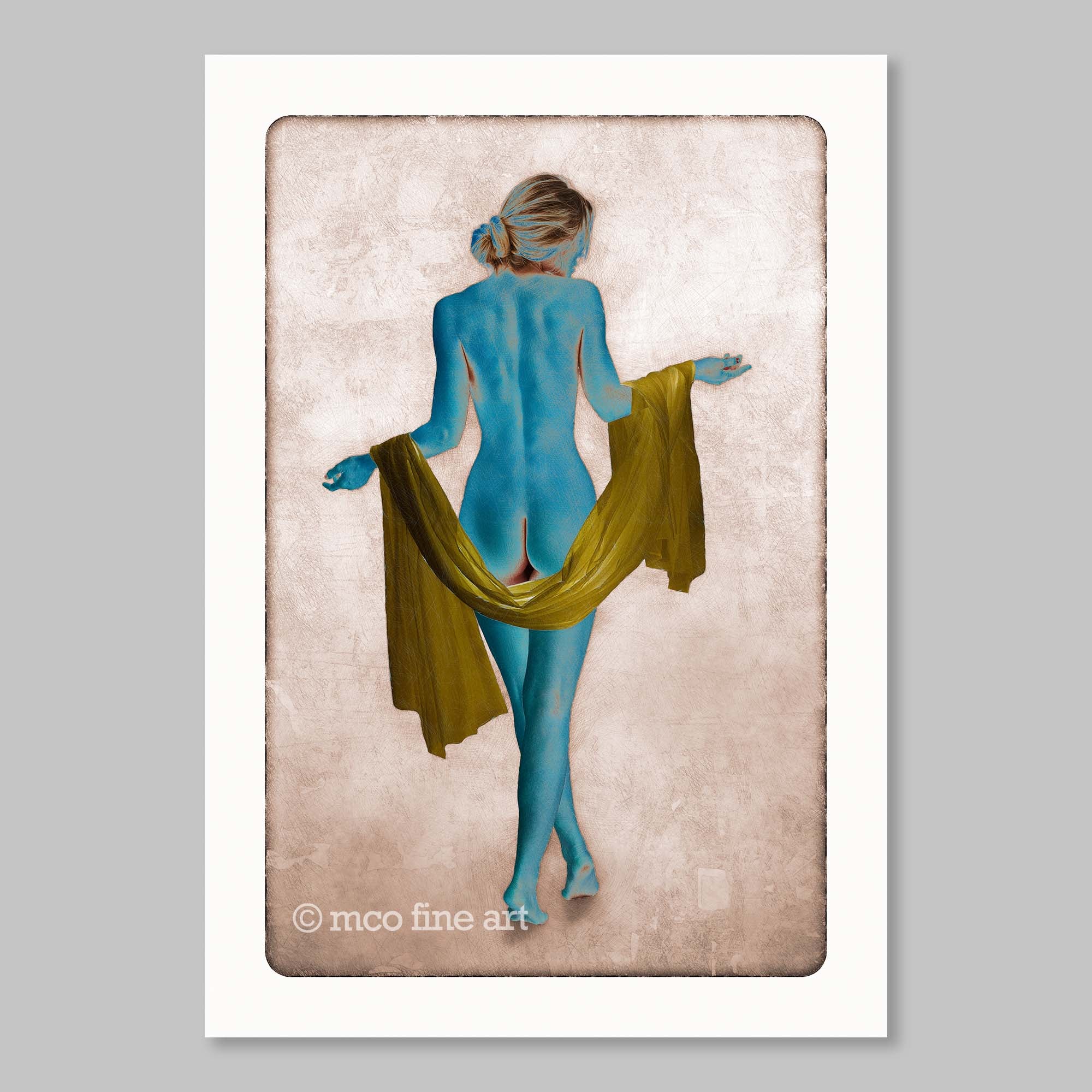 Artistic depiction of a nude figure with cerulean skin and an olive-gold cloth on a textured beige background, featuring 'mco fine art' branding.