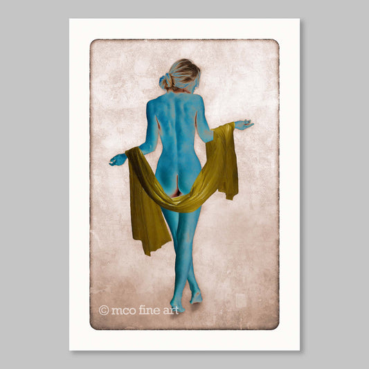 Artistic depiction of a nude figure with cerulean skin and an olive-gold cloth on a textured beige background, featuring 'mco fine art' branding.