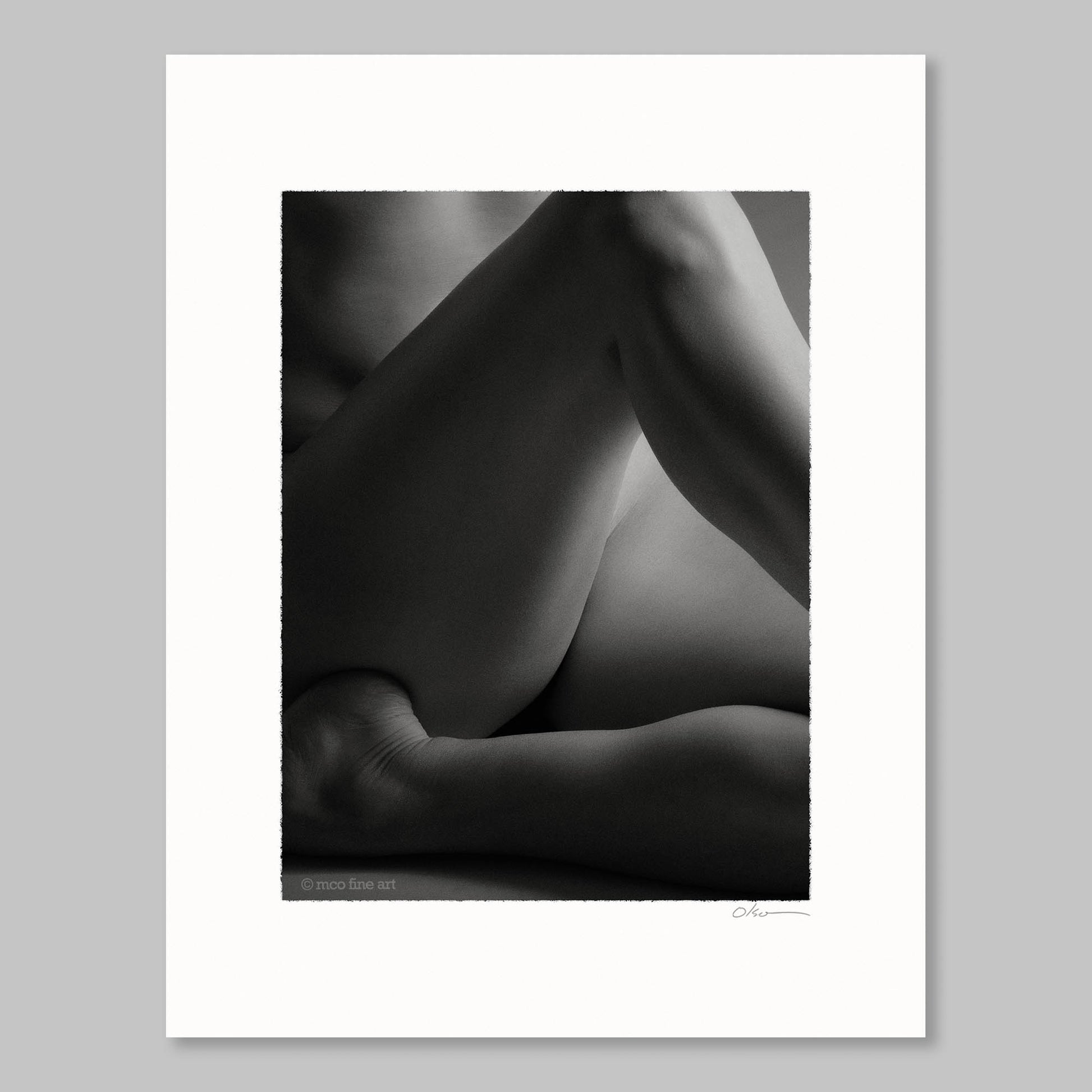Black and white abstract art figure study of legs on a gray background