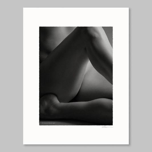 Black and white abstract art figure study of legs on a gray background
