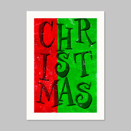 Greeting card that says "Christmas" in large font over a red and green background.
