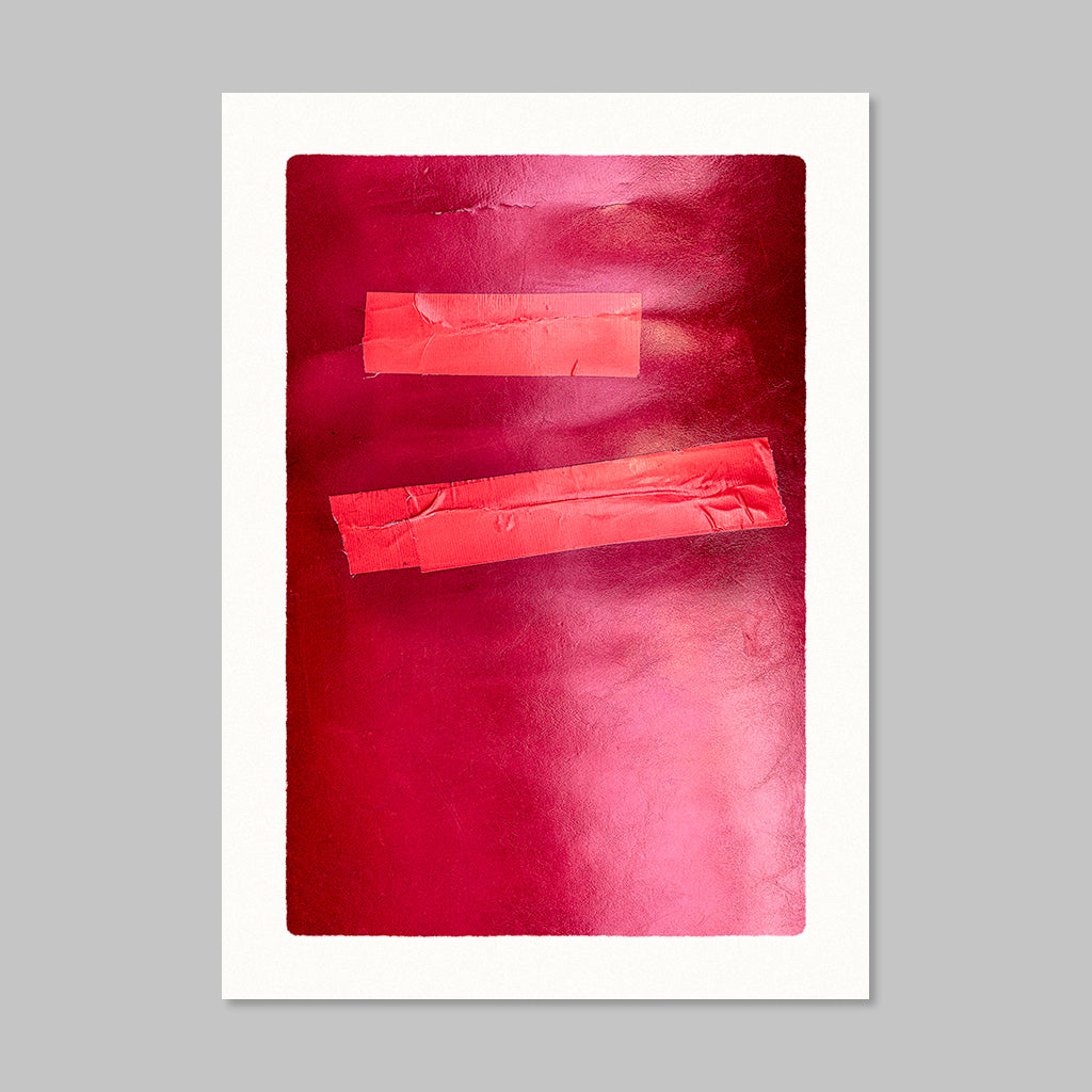 Two red duct tape strips on red vinyl bench.