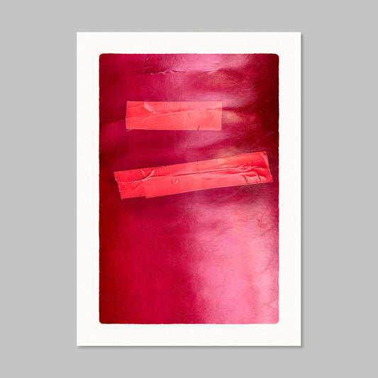 Two red duct tape strips on red vinyl bench.