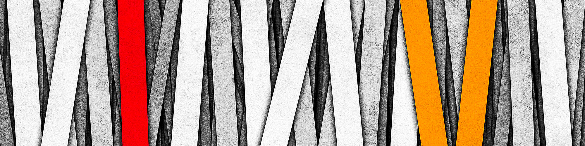 Abstract design with vertical stripes in red, black, white, and yellow on a gray background