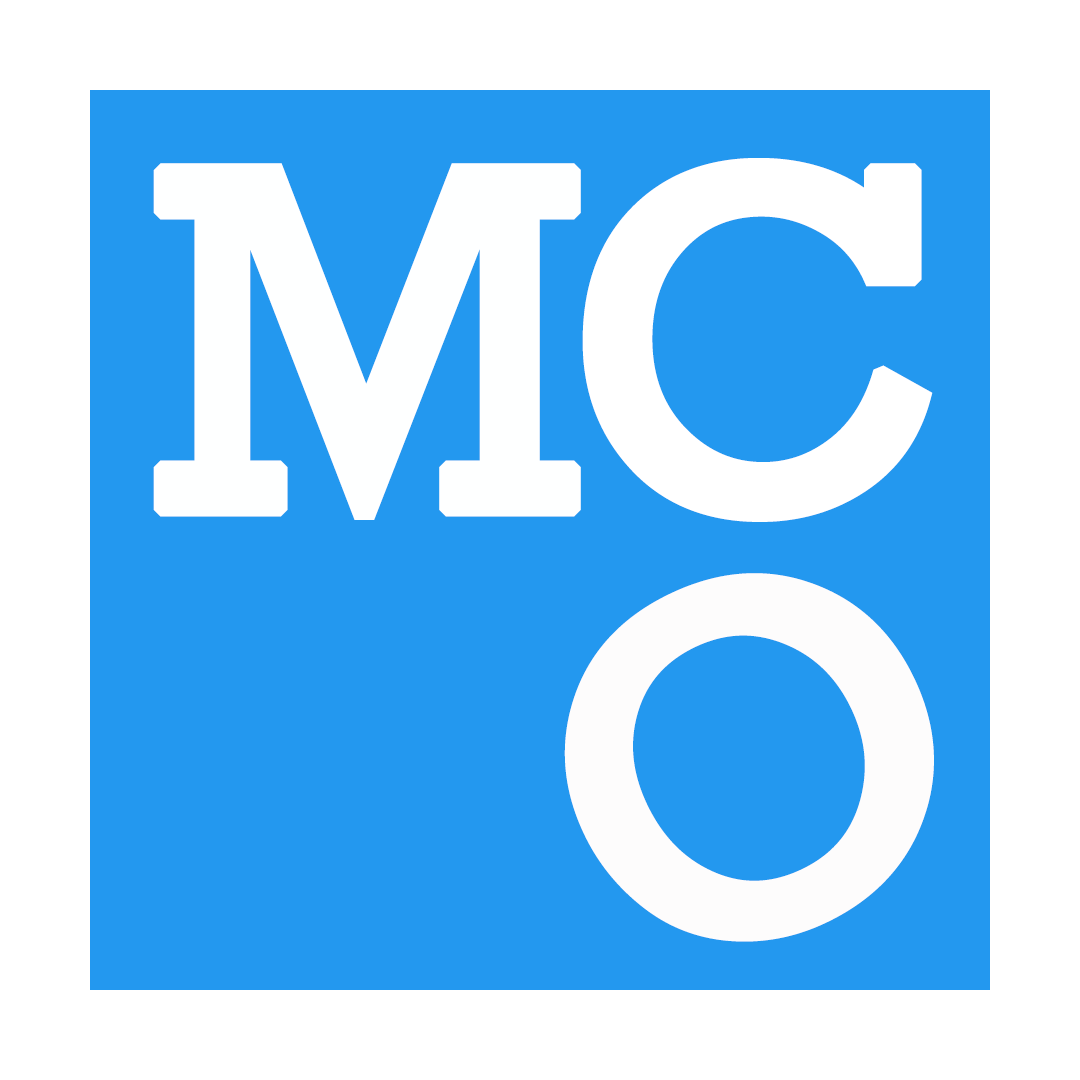 MCO Fine Art blue square logo with white MCO letters.