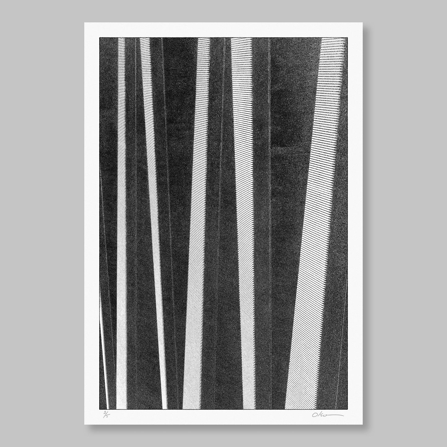 A monochromatic abstract artwork featuring horizontal lines on a white background, signed and dated by the artist.