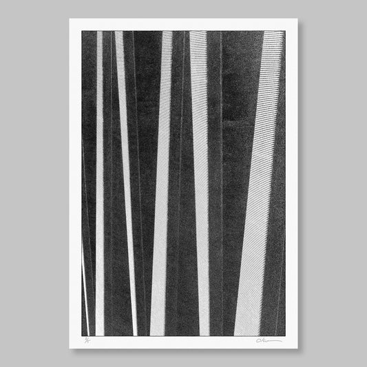 A monochromatic abstract artwork featuring horizontal lines on a white background, signed and dated by the artist.