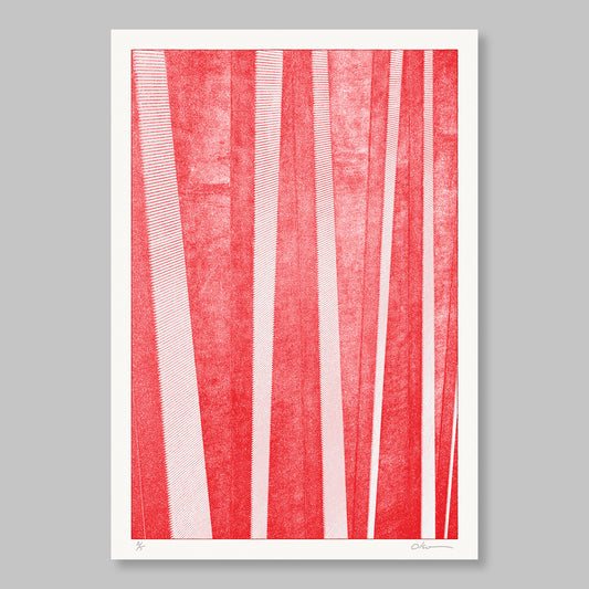 A monochromatically red abstract artwork with geometric patterns, signed and numbered.
