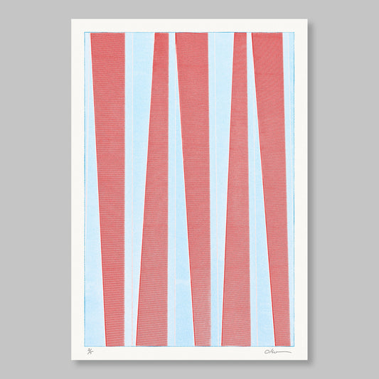 A print with a geometric pattern of red and blue lines on a white background, signed by an artist named Olson.