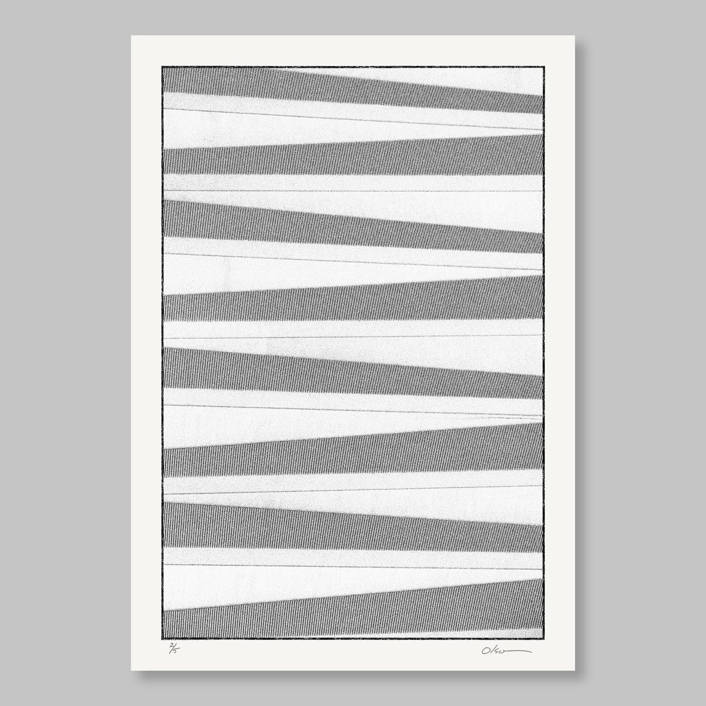 A black and white abstract artwork featuring diagonal lines on a light background.