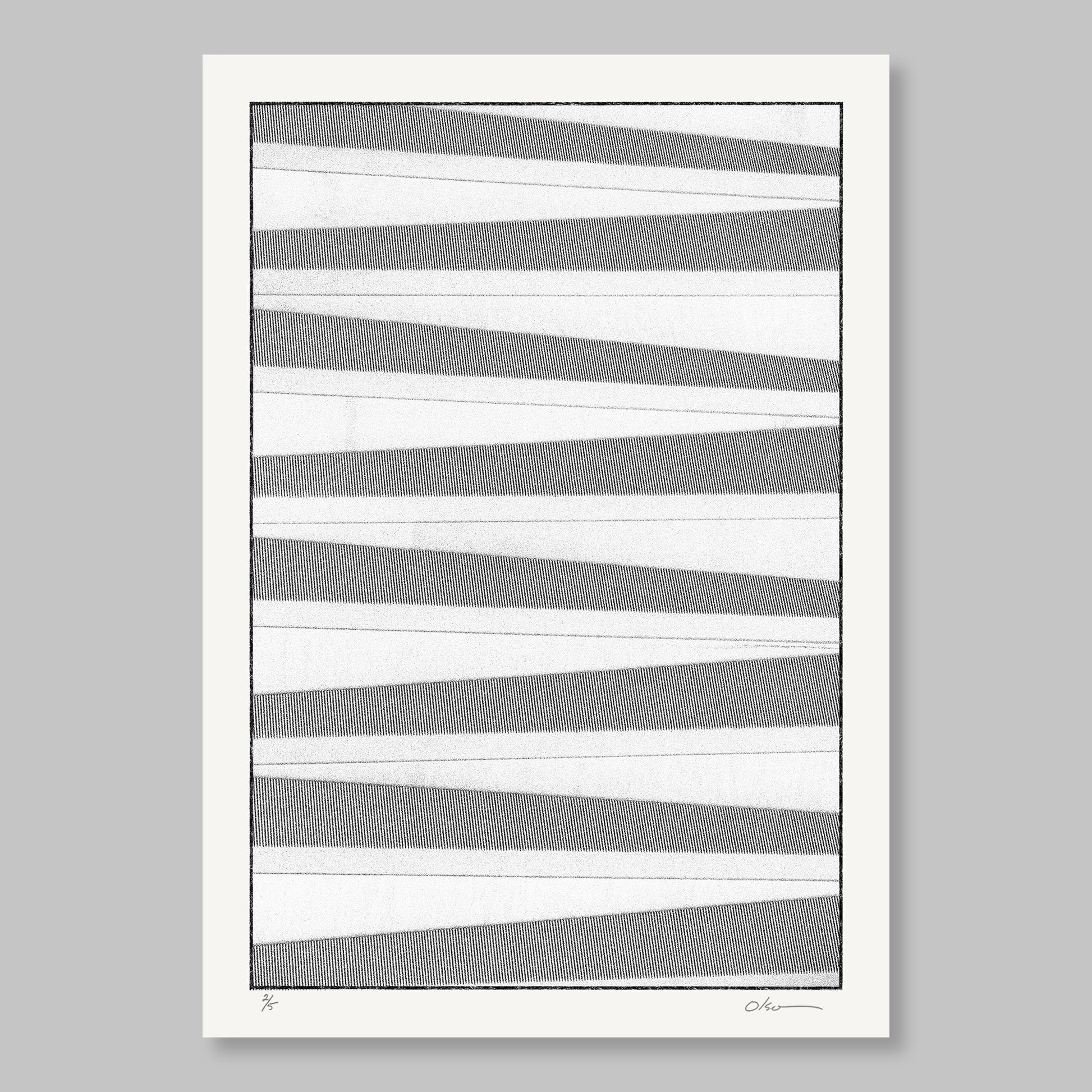 A black and white abstract artwork featuring diagonal lines on a light background.
