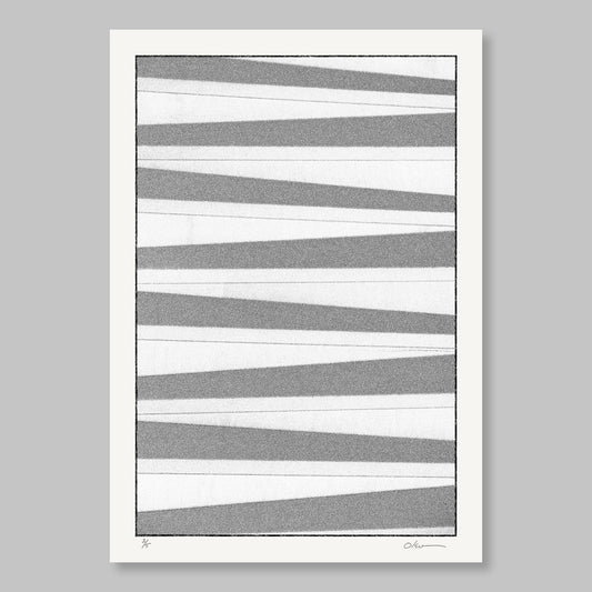 A black and white abstract artwork featuring diagonal lines on a light background.